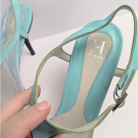 Vintage Tommy Hilfiger Aqua Blue & Green Leather T-strap Slingback Heels 9 - Picture 6 of 8